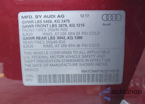 2018 Audi Q5 2.0T Premium/2.0T Tech Premium z USA, uszkodzony, nr VIN WA1CNAFY6J2110228